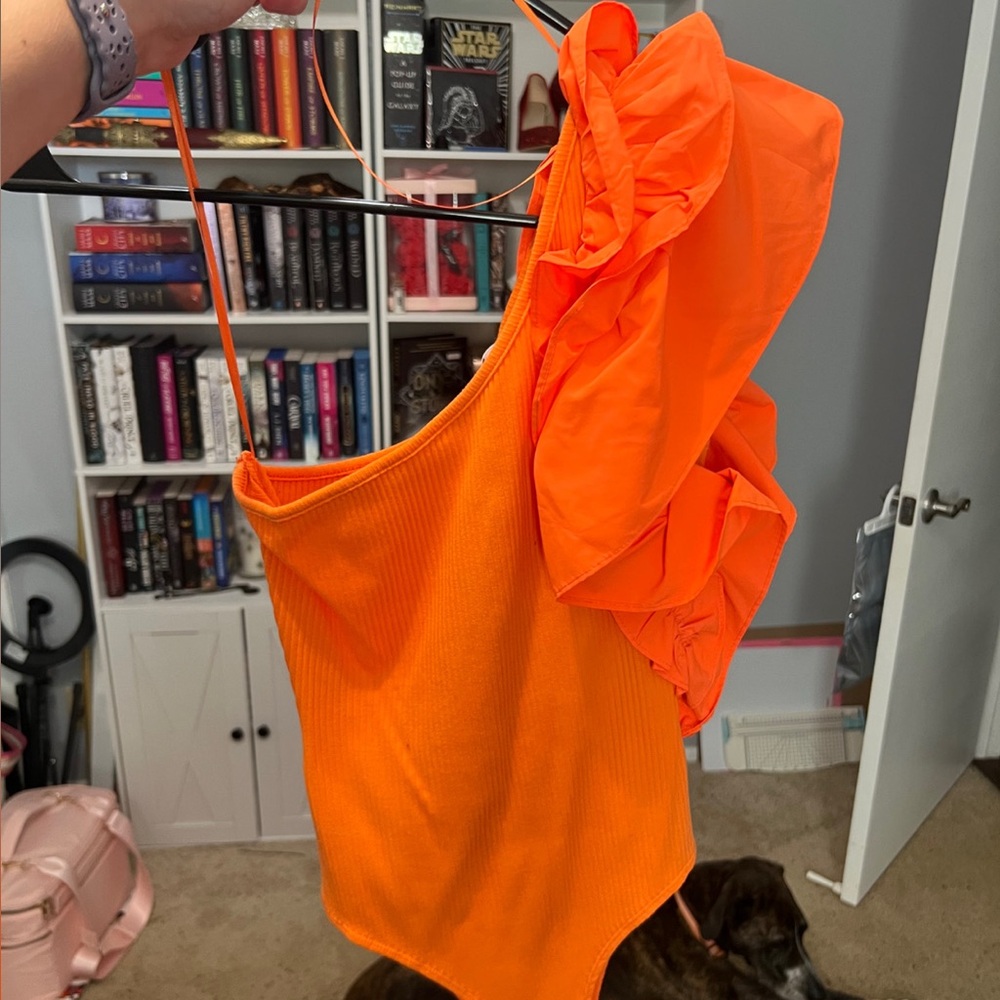 Vibrant Orange One-Shoulder body  suit